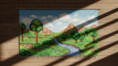 A painted or printed wall tapestry showing a colorful pixel art landscape with several trees, mountains, and a river.